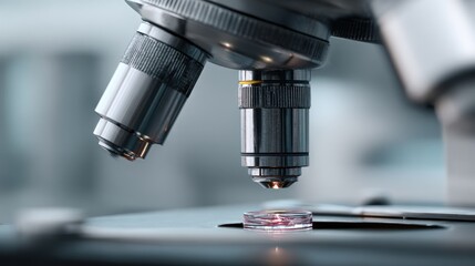 Close-up of microscope examining petri dish in a sterile laboratory environment