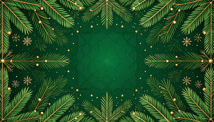 Fir leaves with golden baubles stars lighting garland decorated on red background and space for yo
11