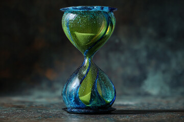 A vibrant hourglass with swirling blue and green glass stands on a textured surface against a dark moody background
