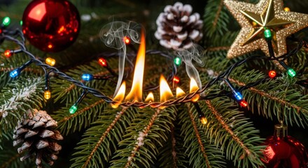 Christmas tree lights burning concept. Dangerous electrical wiring on artificial pine branch. Fire hazard from holiday decoration.