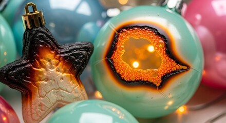 Burnt Christmas ornament and shattered bauble with internal light for fire hazard and safety awareness during holiday.