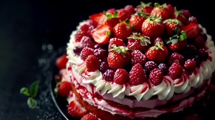 A closeup of a fruit cake with strawberries and cherries on top. The cake is adorned with white cream and red berries, giving it a vibrant and colorful appearance.