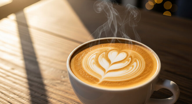 Hot cappuccino coffee cup with heart latte art on wooden table in cafe, morning breakfast concept.