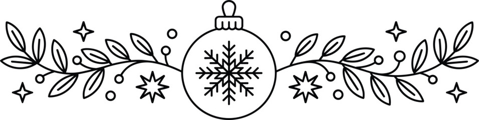Christmas Divider Ornament with Snowflake and Leaves Outline Vector; Winter Holiday Greeting Card Border Element