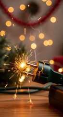 Electrical plug sparking short circuit on a wooden surface with Christmas lights in background. Fire safety concept for holiday season.