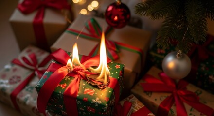 Christmas gift box catching fire, risk of fire hazard. Safety tips about festive decorations. Holiday season accident prevention concept.
