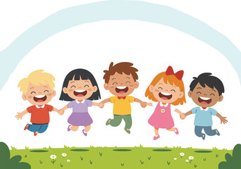 Group of five happy diverse cartoon children holding hands and jumping together on green grass in a park, celebrating friendship and childhood joy.