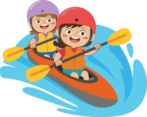 Happy cartoon boy and girl children kayaking together on blue water river, wearing helmets and life jackets for summer adventure sport.