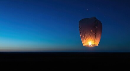 Lit lantern floats in twilight sky, glowing against a dark horizon