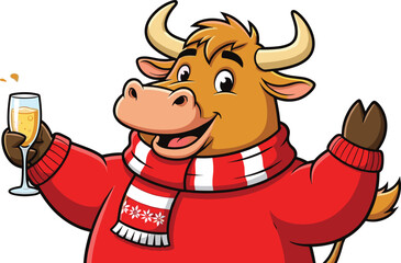 Happy cartoon bull in red sweater and scarf holding champagne, celebrating Christmas and New Year holidays, cute vector illustration mascot