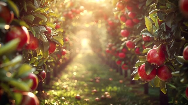 A vivid, sunlit scene of an apple orchard. The main subject is the ripe pomegranate hanging from the tree, its bright red hue contrasting with the green leaves. The background is a lush green field.