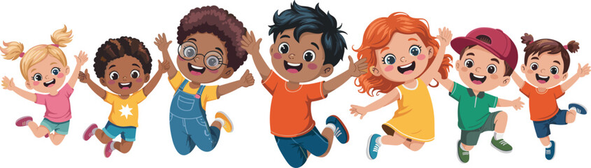 Happy diverse group of cartoon children jumping together, isolated vector illustration of multiethnic boys and girls cheering. © Aiyan