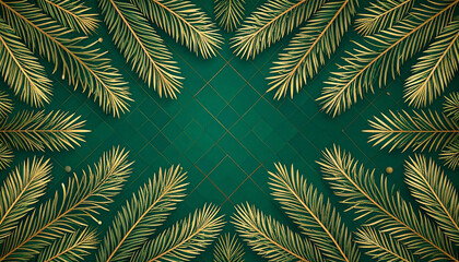 Fir leaves with golden baubles stars lighting garland decorated on red background and space for yo
9