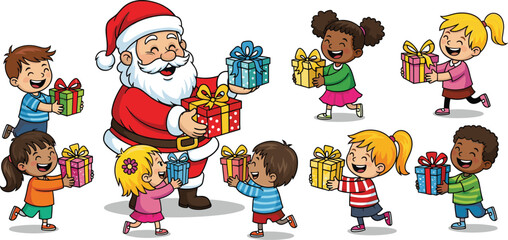 Joyful Santa Claus distributing Christmas gifts to happy diverse children running with presents for festive holiday celebration vector illustration