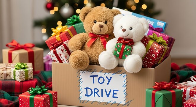 Two plush teddy bears in a donation box for a toy drive with gifts  