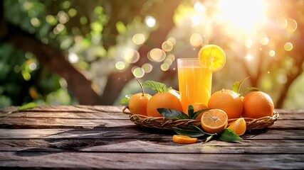 A vivid, sunlit scene featuring a glass of orange juice with a slice of orange on the rim, set against a backdrop of a lush green forest.