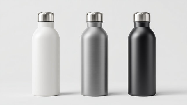 Three stainless steel water bottles ideal for mockup use. Clean reusable bottle set for branding, packaging design, eco friendly products, and minimal product presentation.