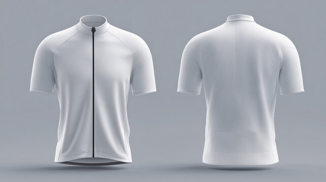 White cycling jersey mockup showing front and back view. Clean sports apparel template for team branding, race uniform design, product presentation, and minimal studio display.