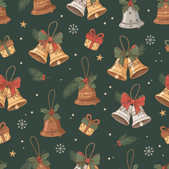 Vintage Christmas Bells Seamless Pattern: Holly, Ribbon, and Gift Box Holiday Vector