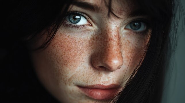 Intimate portrait of a woman with freckles and mesmerizing blue eyes - Powered by Adobe