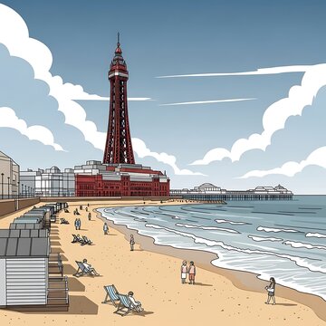 A serene beach scene with people relaxing near the iconic blackpool tower under a cloudy sky