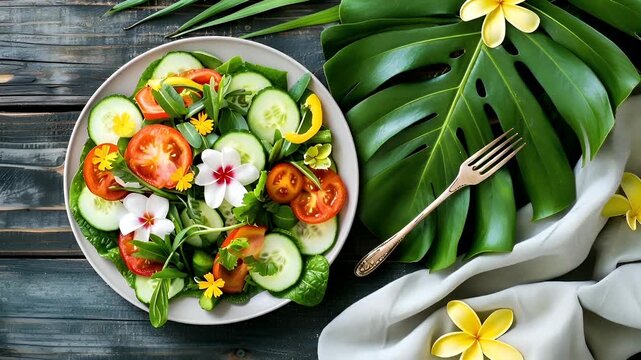Aerial view of fresh vegetable salad on rustic wooden table with tropical leaves and flowersfresh vegetable salad with cherry tomatoes, cucumbers.