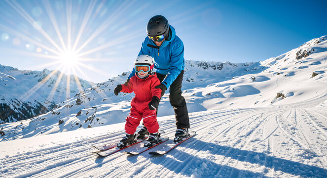 Father teaching little child to ski on snowy mountain slope. Dad helping toddler on skis during winter vacation. Family ski holiday concept