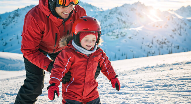 Father teaching young child to ski on snowy mountain slope. Happy dad helping kid during winter vacation. Family lifestyle concept