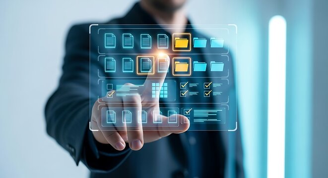 Closeup of a businessmans hand touching a futuristic holographic interface displaying digital files and folders, symbolizing data management and organization - Powered by Adobe