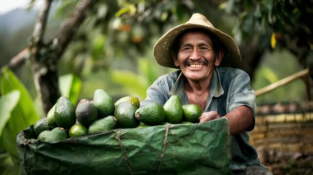A man in a straw hat and blue shirt holds a basket of avocados in a lush green setting. The mans expression is one of contentment, and he seems to be enjoying the fresh produce.