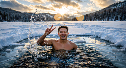 Happy man swimming in a frozen lake during winter sunset. Shirtless male making peace sign in icy water. Cold therapy and wellness concept