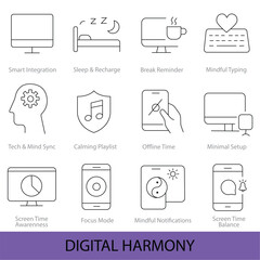 Digital Wellness & Hybrid Lifestyle Vector Line Icons Pack &ndash; Mindful Technology, Remote Work, Work-Life Balance, Modern Productivity, Editable Stroke Set