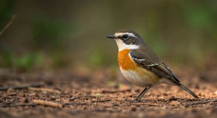 Small bird with orange breast perches on ground. Natural habitat blurred