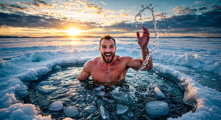 Happy man swimming in a frozen lake at sunset. Winter ice bath and cold therapy concept