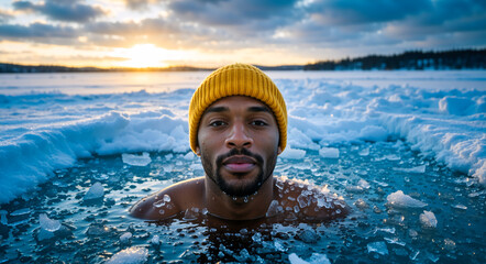 Portrait of a focused Black man submerged in freezing ice water wearing a yellow beanie. Winter swimming and cold therapy concept at sunset