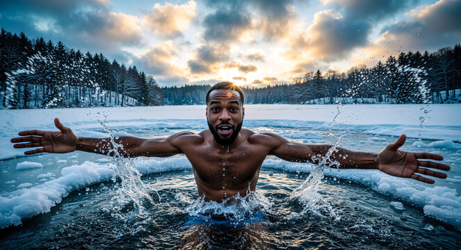 African American man swimming in icy lake in winter. Shirtless male splashing water with arms open during cold plunge. Healthy lifestyle and cryotherapy concept - Powered by Adobe