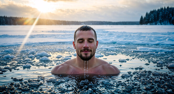 Man submerged in icy water during winter swimming. Cold therapy and meditation in frozen lake. Healthy lifestyle and biohacking concept