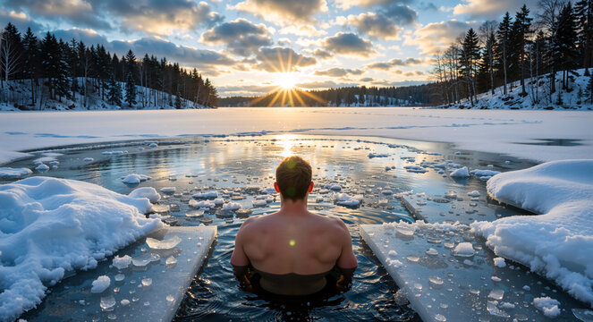 Man taking an ice bath in a frozen lake at sunrise. Cold water therapy for wellness and health in a winter landscape