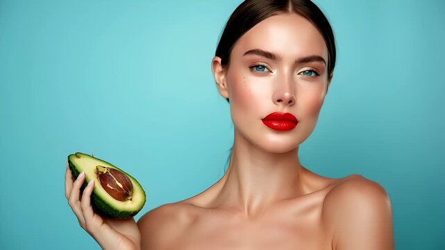 woman holding halved avocado in front of her face with red lipstick and freckleshuman face.