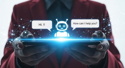 Person holding a smartphone with a chatbot interface displaying a conversation with a robot icon and speech bubbles, symbolizing artificial intelligence and customer service