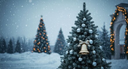 Obraz premium Snowy Christmas scene decorated trees, lights, and a decorative arch