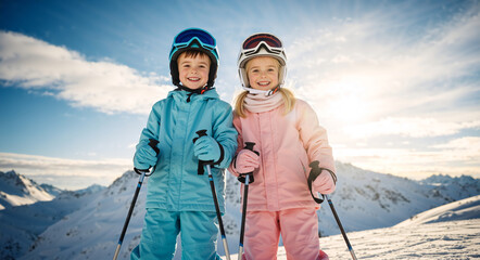 Portrait of two happy children skiers standing on a snowy mountain slope. Smiling boy and girl siblings in blue and pink ski suits holding poles during winter vacation