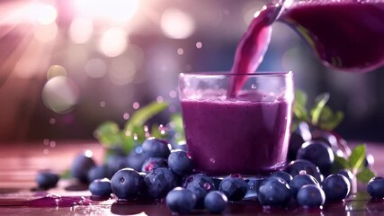 blueberry juice pouring into a glass with blueberries and raspberriesblueberry smoothie in a glass jar with a splash of purple liquid and blueberries. - Powered by Adobe