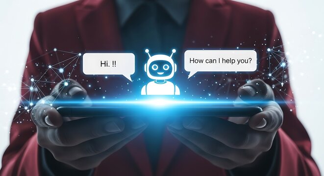 Person holding a smartphone with a chatbot interface displaying a conversation with a robot icon and speech bubbles, symbolizing artificial intelligence and customer service