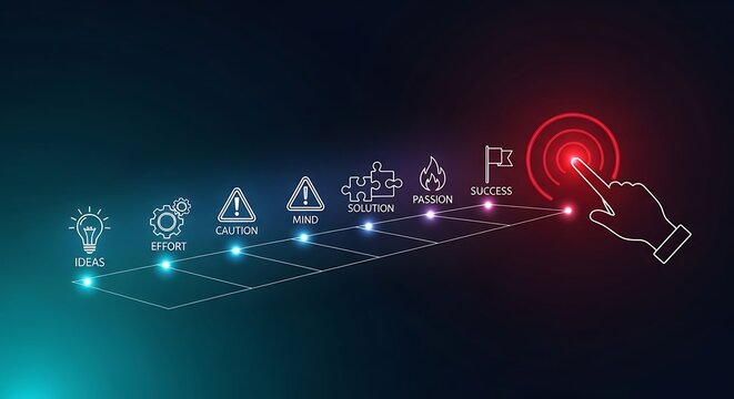 A finger presses a glowing red button on a digital interface, symbolizing the start of a process, innovation, or achieving success through various stages