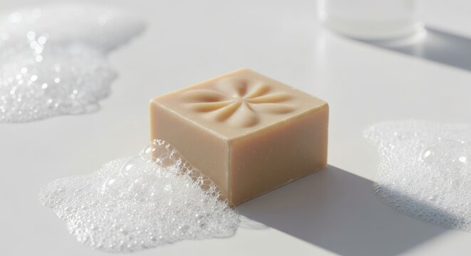 Square, patterned soap bar sits amidst bubbles on a bright, reflective surface