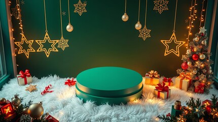 Festive Christmas product display with baubles, stars, and a decorated tree