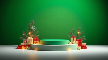 Festive Green Christmas Podum Surrounded by Gifts and Twinkling Lights