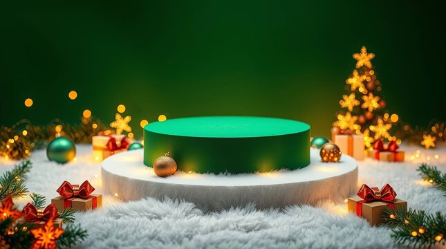 Festive Christmas Product Display Podium with Sparkling Lights, Snowy Base, and Holiday Gifts