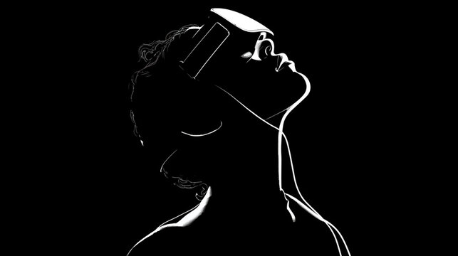 Dramatic silhouette of person with virtual reality headset looking up. Immersive VR technology and futuristic experience.